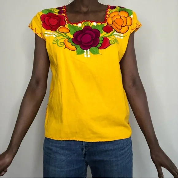 Blouse Bohème Mexicaine Taille XL - Manches 3/4, Col Roulé, Broderies Et Franges, Neuf Avec étiquette